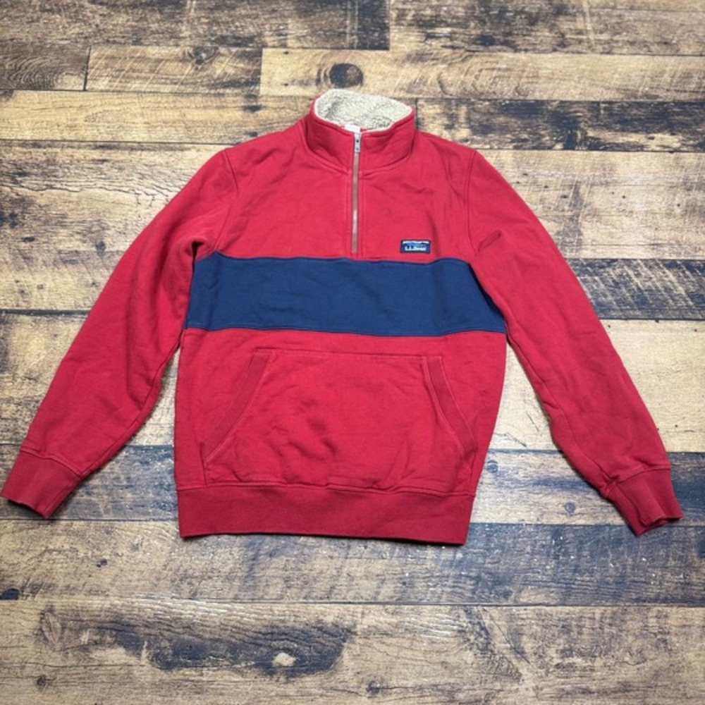 L.L.Bean Fleece Lined Pullover Sweatshirt 1/4 Zip Red Blue Mens Size Small